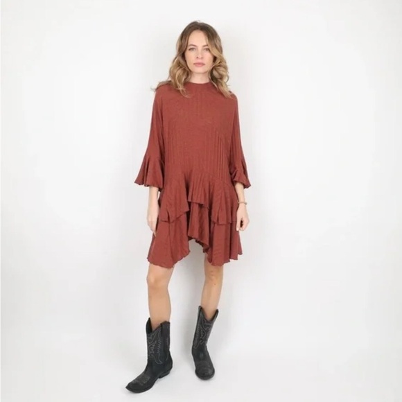 Free People Beach Sz M Sweet Rose Tunic Dress Rust Bell Sleeve Tiered Boho - Picture 1 of 10